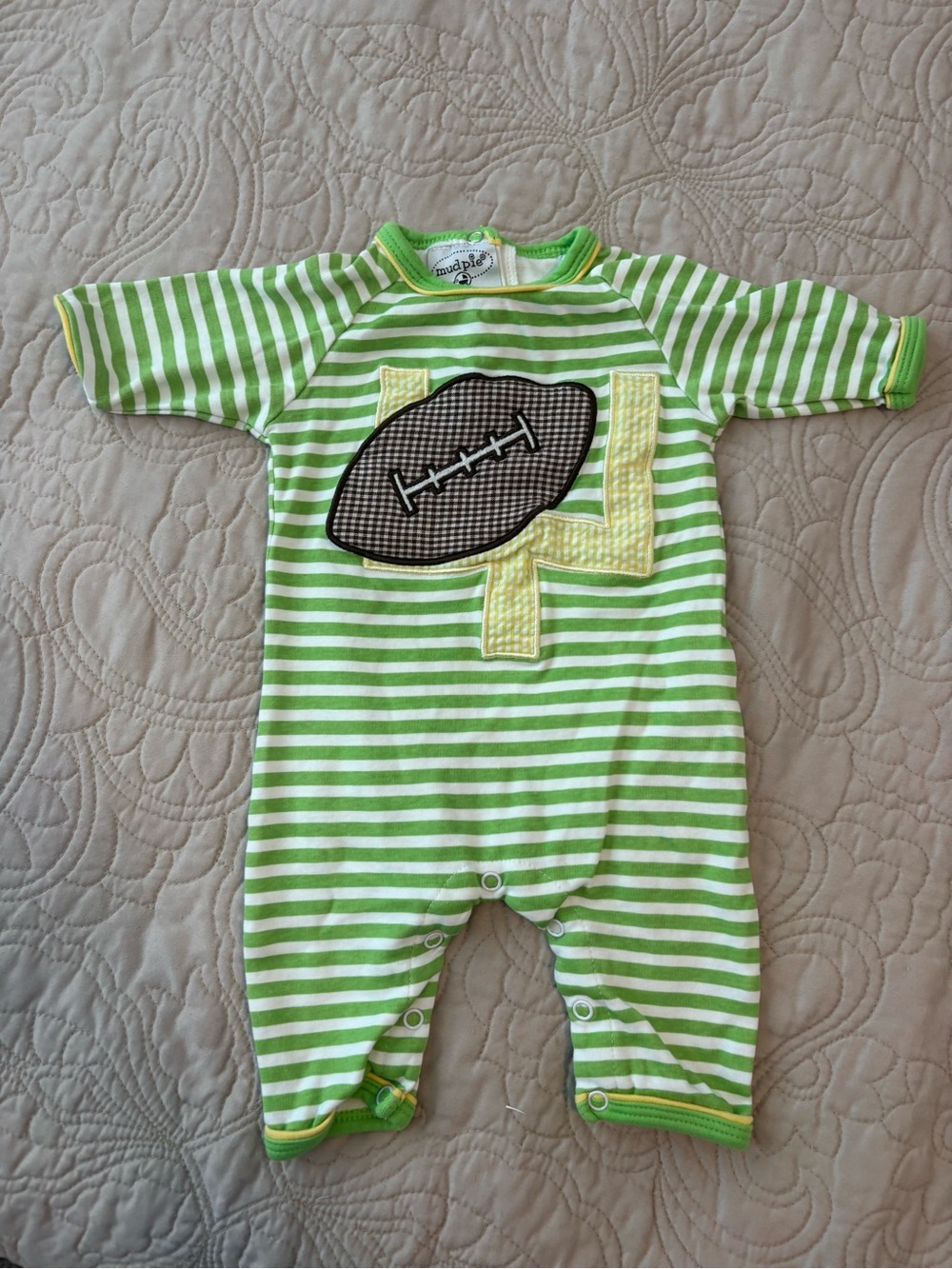 Mud Pie Green Striped Football Footie with Yellow Applique